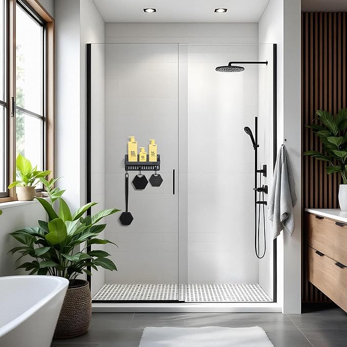 TOOLETRIES The Tool Wall Shower Caddy Bathroom Storage Shelf with Hooks - Wall-Mounted Shower Organiser and Storage with Reusable Adhesive, Store up to 5kg, No Drilling, No Nails, Charcoal