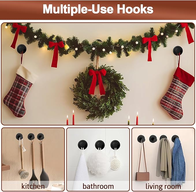 4Pcs Suction Cup Hooks for Wreaths, Shower Suction Cup Hooks, Strong Suction Cup Hanger for Front Door, No-Drill & Removable Holders for Window Glass, Bathroom, Kitchen Mirror, Wall (Black)