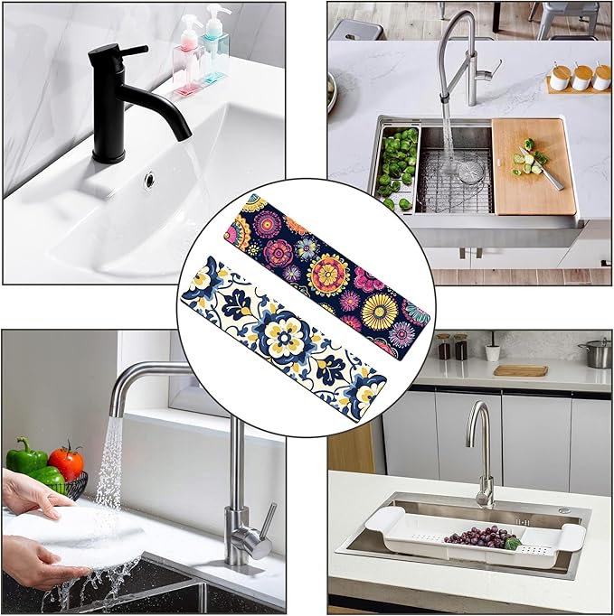 Bimkole 2 PCS Faucet Absorbent Mat, Kitchen Faucet Sink Splash Guard Wraparound Cloth Pads Drip Catcher for Sink Faucet for Kitchen Bathroom Faucet, Colorful Faucet Mat, 15 x 4 Inch Flower A6