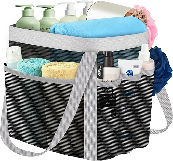 YASONIC Mesh Shower Caddy Portable for Dorm College Room Essentials, 8-Pocket Large Shower Bag with Double Handles, Hanging Shower Basket for Beach, Swimming, Bathroom, Beach, Camp, Gym, Black-Grey
