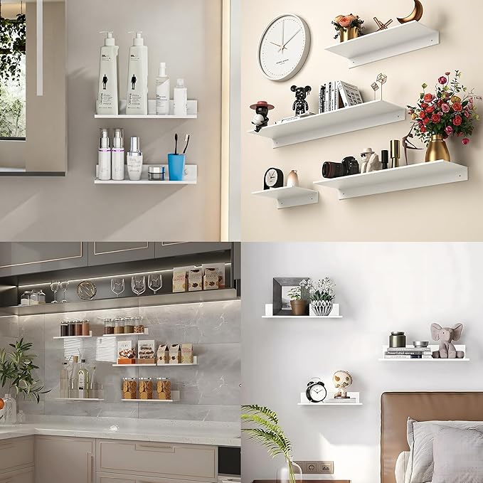 White Adhesive Shower Caddy 30cm, Floating Bathroom Shelves for Wall 2 Pack, Metal Bathroom Wall Shower Shelves Storage Organizer for Kitchen Home