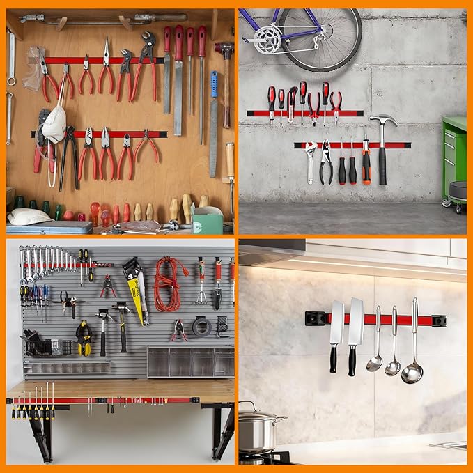 18" Magnetic Tool Holder Strip, 6 Pieces Red Metal Tool Organizer Rack with Stainless Steel Surface, Magnet Bar for Garage Workshop, Easy To Install with Mounting Screws