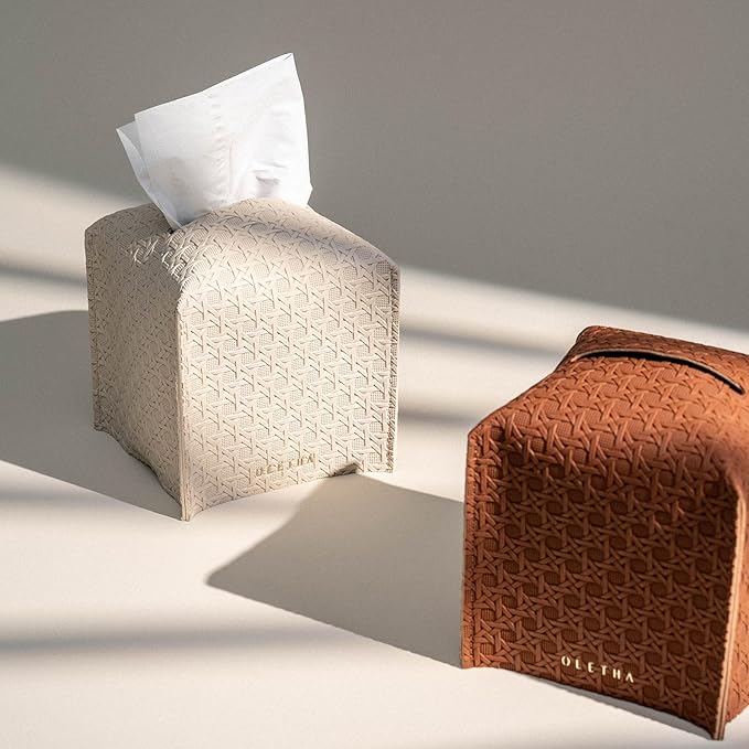 OLETHA Square Tissue Box Cover - Aesthetic Desk Decor for Room, Home & Office - Tissues Cube Boxes Holder - Lattice Patterns, Light Taupe