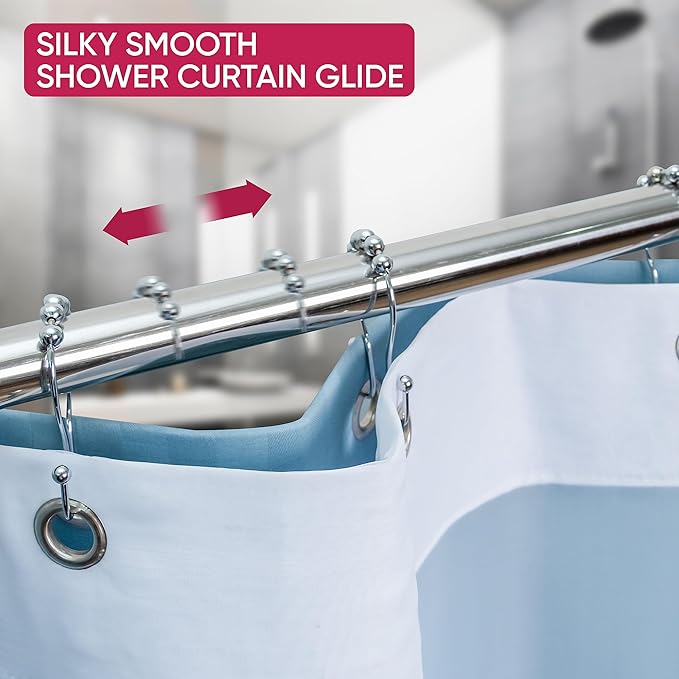 Shower Curtain Hooks Rust Proof (Set of 12) - Stainless Steel Shower Curtain Rings - Anti Slip Roller Balls for Easy Glide (Omega Double Hooks, Chrome)