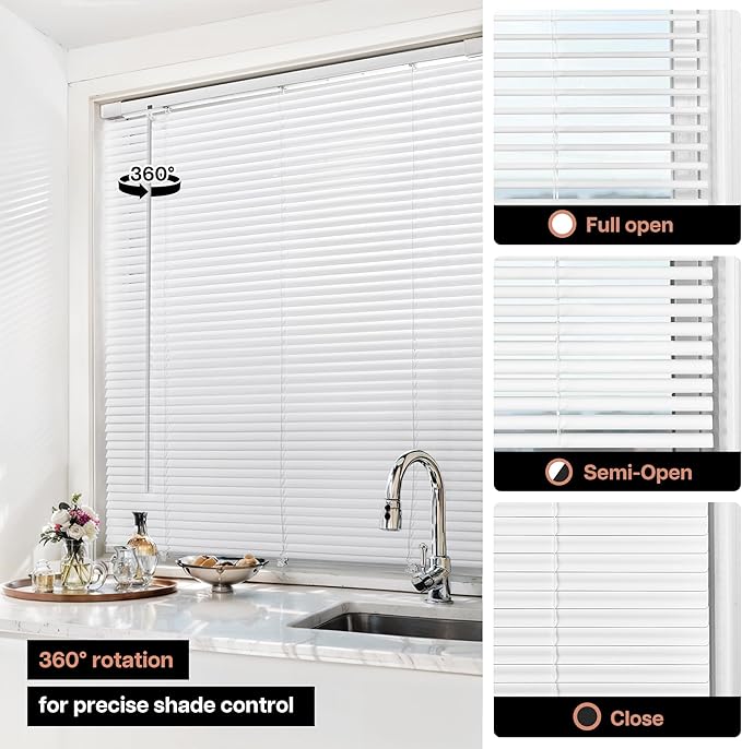 LazBlinds No Tools No Drill Cordless 1" Vinyl Mini Blinds, 100% Privacy S-Curve Blinds for Indoor Windows, Room Darkening Horizontal Window Blinds and Shades for Home, 37" W x 48" H, White