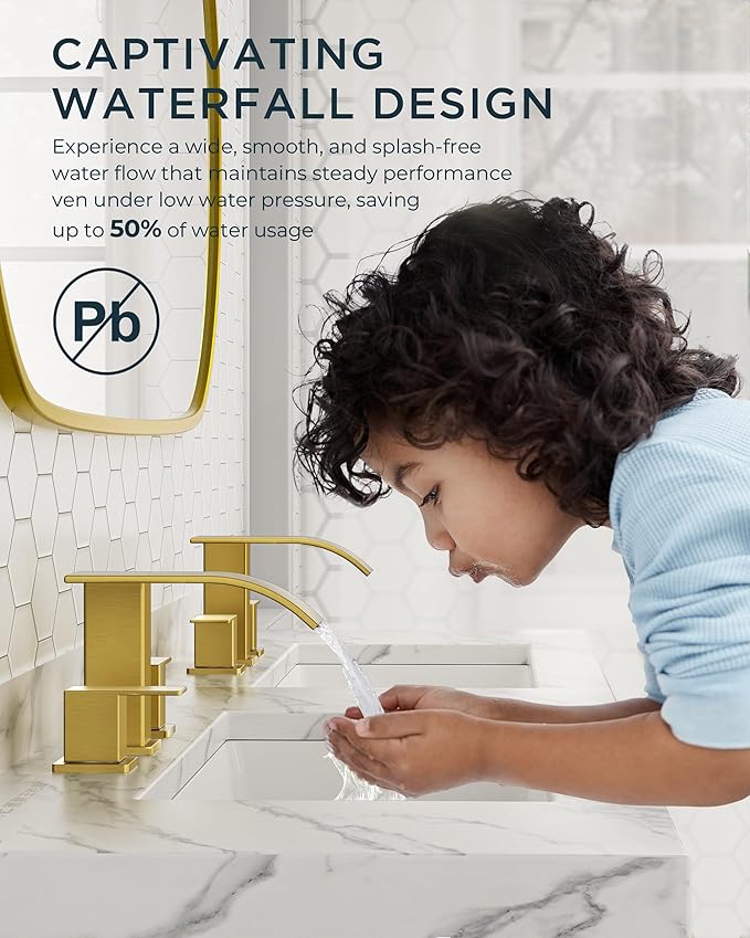 FORIOUS Brushed Gold Bathroom Faucets 3 Hole, Waterfall Square 8 Inch Widespread Bathroom Sink Faucet with Metal Pop-up Drain and Supply Lines, Two Handles for Vanity, Bath, Farmhouse