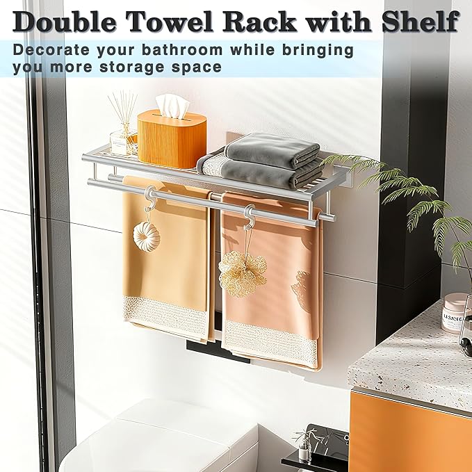 Alise Double Towel Rack for Bathroom,24 Inch Bathroom Tower Holder Towel Shelf with Double Towel Bars Wall Mount,SUS304 Stainless Steel Towel Hanger Double Tower Bar for Bathroom Wall,Brushed Nickel