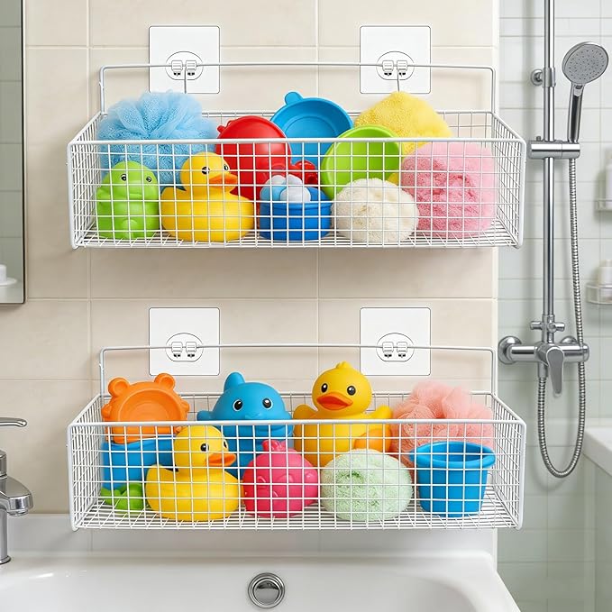 Bath Toy Storage, 2 Pack Metal Mesh Bath Toys Organizer for Bathtub Wall & Shower, Large Capacity Shower Toys Holder with Rustproof Hanging Basket Design for Restroom, Toilet, Bathroom, Kitchen-White