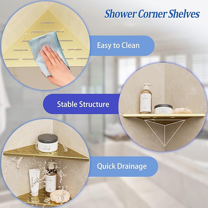 Neodrain 10 Inch Golden Corner Shower Shelves,Set of 2, Gold Corner Shelf for Tile Wall Insert, 304 Stainless Steel Shower Storage Shelves for Bathroom,No Drilling