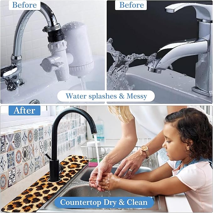 Faucet Mat Splash Guard Leopard Fur Animal Texture, Soft Diatom Mud Material, Strong Water Absorption, Non-slip,Easy to Clean for Bathroom, Kitchen 23.5"X5.5"