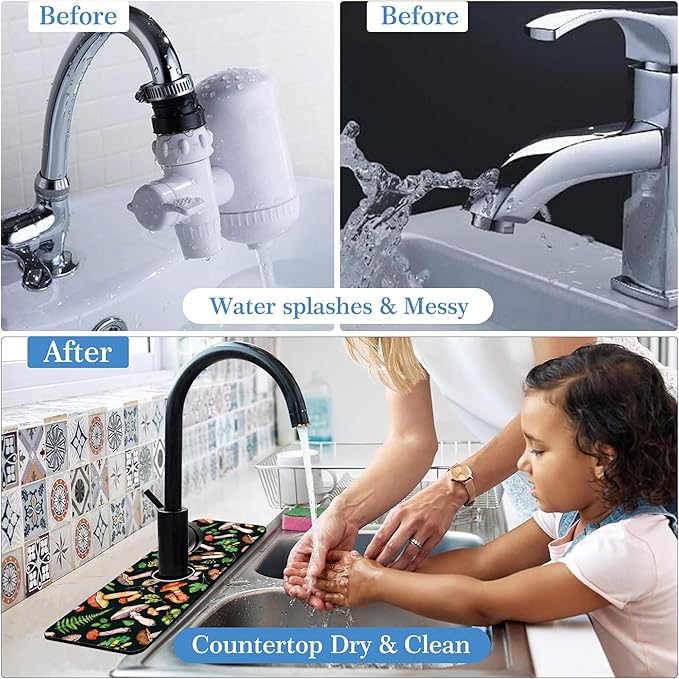 Mushroom Fern Leave Acorn Faucet Mat for Kitchen Sink Watercolor Forest, Soft Diatom Mud Material, Strong Water Absorption, Non-slip, Easy to Clean for Bathroom, Kitchen 15"X5.5"
