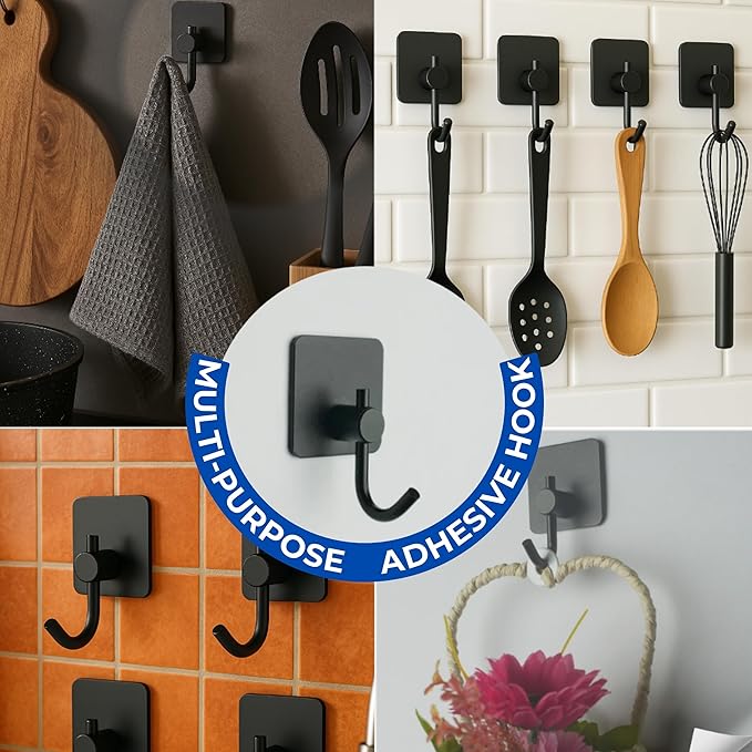 Adhesive Hooks for Hanging - 4 PCs, Towels Hooks for Bathroom, Sticky Hooks for Walls No Damage, Adhesive Hook for Outside, Kitchen, Bathroom, Office (Hook 4)