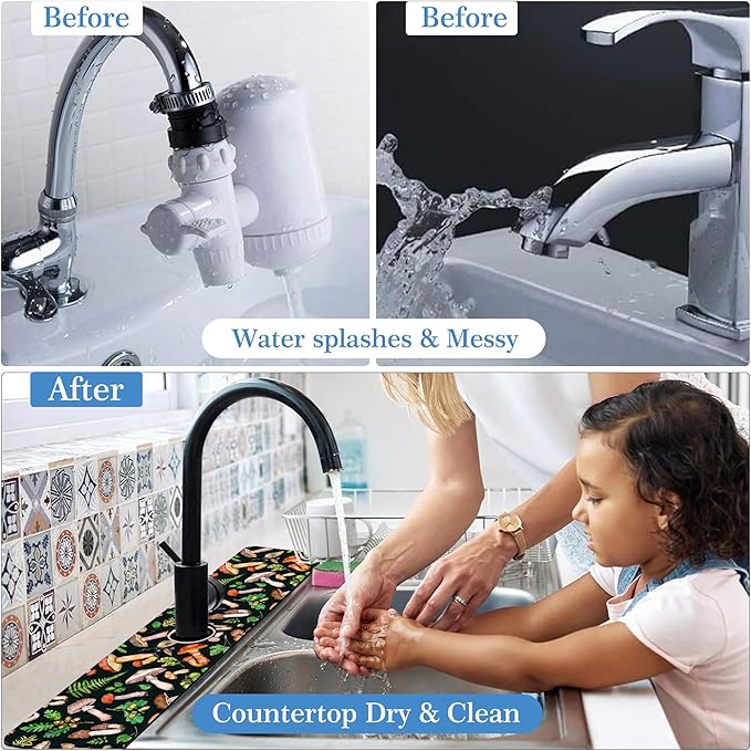 Mushroom Fern Leave Acorn Faucet Mat for Kitchen Sink Watercolor Forest, Soft Diatom Mud Material, Strong Water Absorption, Non-slip, Easy to Clean for Bathroom, Kitchen 23.5"X5.5"