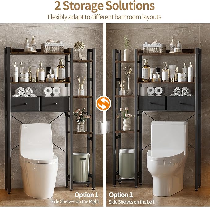 Housolution Over The Toilet Storage with 2 Drawers, 7 Tier Over Toilet Bathroom Organizer with Height Adjustable Shelves and Hooks, Space Saver Above Toilet, Black+Brown