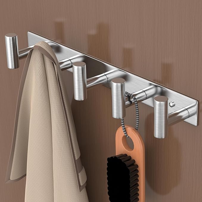 HUFEEOH Coat Hooks Wall Mount, 2 Pack T Shaped 5 Hooks Stainless Steel Wall Hooks Silver Towel Rack for Hanging, Heavy Duty Key Holder Hat Rack Used for Bathroom