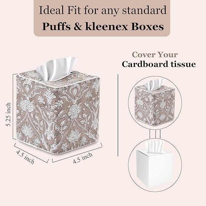 Ridhi Taupe Block Print Tissue Box Cover Handmade Cotton Fabric Decorative Square Napkin Holder for Home Bedroom Living Room Bathroom Vanity Countertop Car Night Stands Office Kitchen