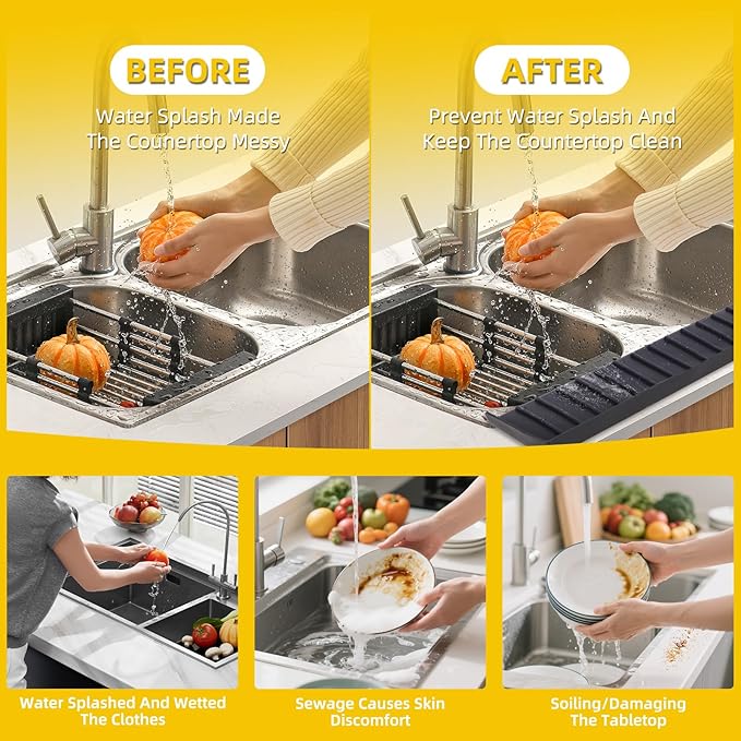 Kitchen Sink Splash Guard with Suction Cups, Kitchen Sink Mat, Non-Slip Silicone Sink Edge Protector, Water Splash Guard for Kitchen, Bathroom, Bathtub (Black, 4*24 in)