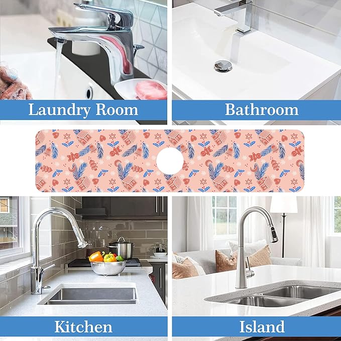 Faucet Mat Splash Guard Christmas Gingerbread Man Feather Bell, Soft Diatom Mud Material, Strong Water Absorption, Non-slip,Easy to Clean for Bathroom, Kitchen 23.5"X5.5"