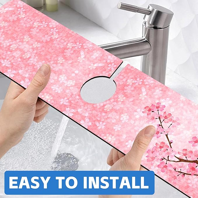 Spring Cherry Blossom Kitchen Sink Splash Guard Absorbent Fast Drying Mat Faucet Draining Guard Behind Faucet Drip Catcher for Kitchen Bathroom 5.5"24