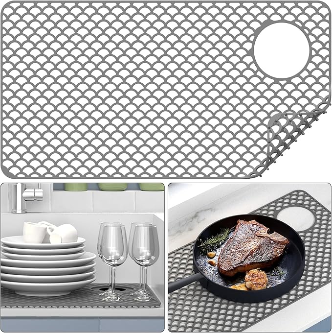 TOOVEM Sink Protectors for Kitchen Sink, 28"x 15" Silicone Kitchen Protector Accessory, Non-Slip Heat Resistant Mat for Bottom of Farmhouse Porcelain Stainless Steel with Right and Left Drain, Grey