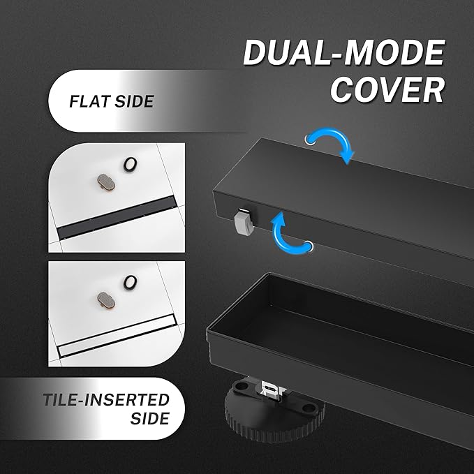 Linear Shower Drain. 36 Inch Shower Trench Drain with 2-in-1 Flat Cover & Inser Cover,304 Stainless Rectangle Steel Shower Floor Drain with Hair Strainer and Leveling Feet (Black, 36 in)