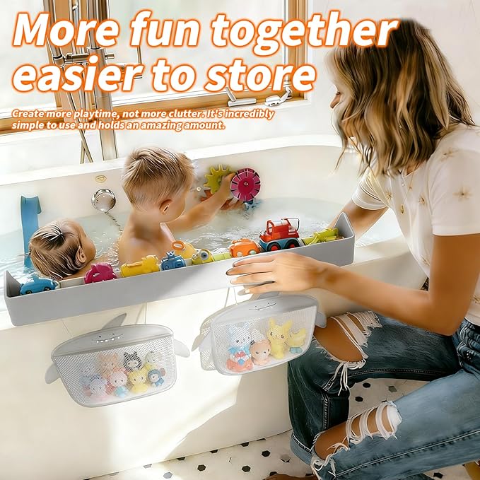 Extra-Long 31.5 Inch Bathtub Splash Guard for Kids,2 Storage Pockets Large Capacity Bath Toy Caddy Holder,Silicone Water Shield Prevent Bathroom Spills