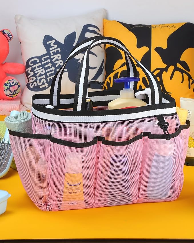 Ocim Large Portable Mesh Shower Caddy Bag Tote for Big Size Shampoo Bottles, Collapsible Quick Dry for College Dorm, Camping, Beach Pool Bathroom, Pink