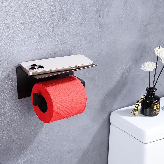 LANC Black Toilet Paper Holder with Shelf, Adhesive or Screw Toilet Paper Roll Holder with Phone Shelf for Bathroom Kitchen Wall Mounted, Stainless Steel TP Holder,Matte Black Left, A8367MB-LF