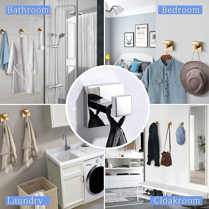 TQKAG Bathroom Towel Hook Coat Brushed Gold Robe Clothes Bath Wall Hooks for Kitchen Garage,Stainless Steel Wall Mounted