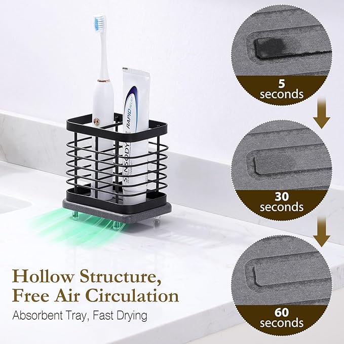 Shinowa Fast-Dry Wall Mounted Toothbrush Holder with Diatomaceous Earth Tray, Stainless Steel Electric Toothbrush & Toothpaste Organizer, No-Drill Adhesive or Countertop Bathroom Holder, 2 Slots