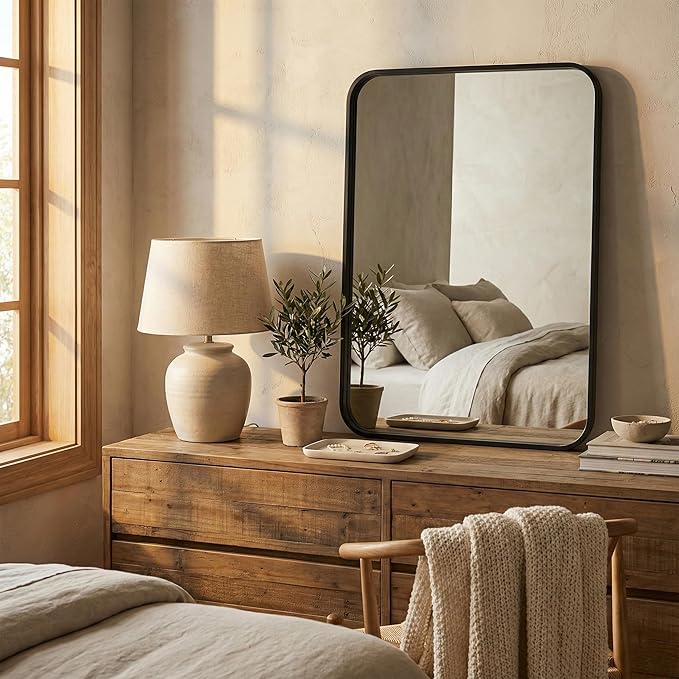 2 Pack Bathroom Mirrors for Over Sink, 22"x30" Matte Black Framed Vanity Mirror, Rounded Corner Rectangular Metal Mirror for Wall, Modern Farmhouse Industrial Decor