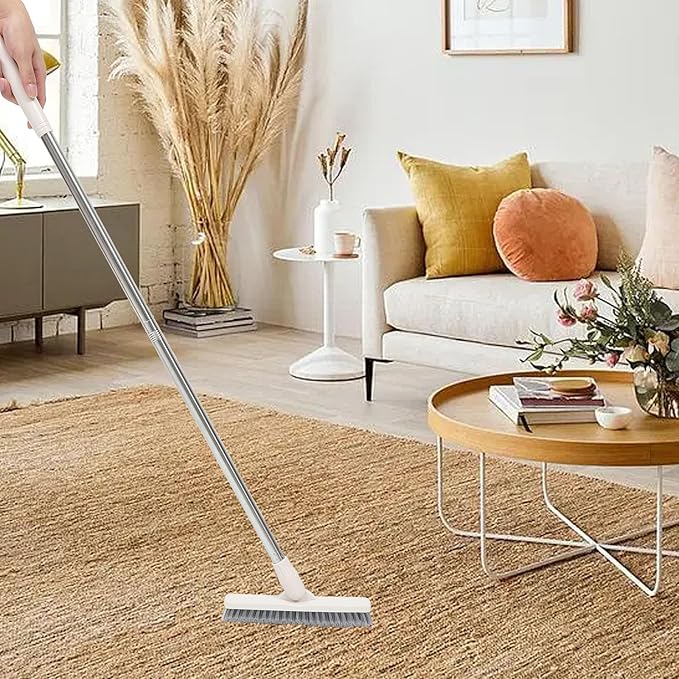 VICASKY Long Handle Scrub Brush with Hard Bristles Rotatable Floor Grout and Tile Crevice Brush for Bathroom and Kitchen Cleaning, Beige