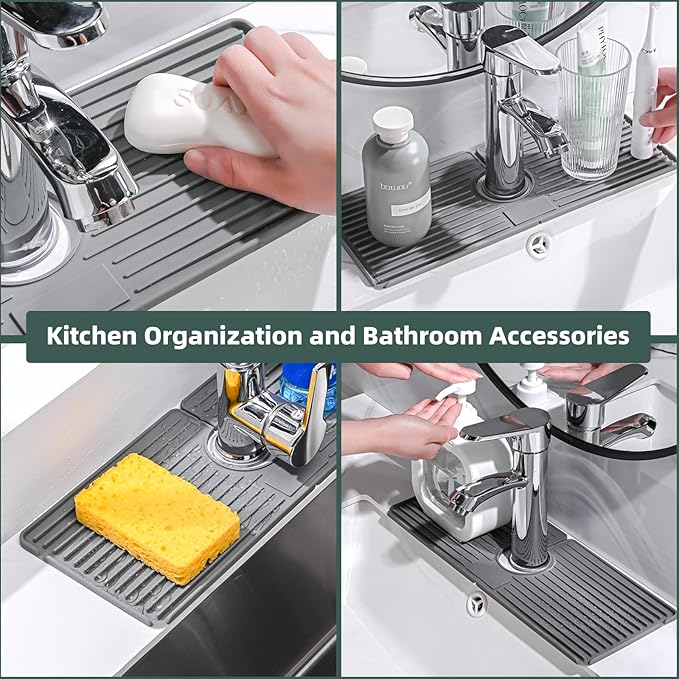 Faucet Mat for Kitchen Sink, Silicone Faucet Handle Drip Catcher Tray, Drying Mat as Sponge and Soap Holder with Lateral Inflow for Kitchen Bathroom Farmhouse & RV Sink Accessories (Grey)