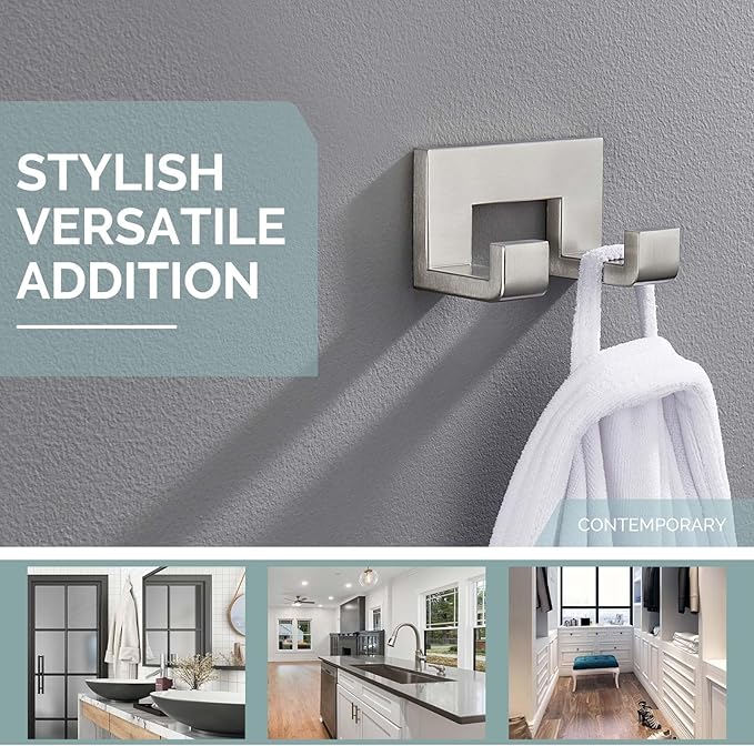 Angle Simple Double Towel Hook Brushed Nickel, 304 Stainless Steel Robe Coat Hook for Bathroom, Wall Mount
