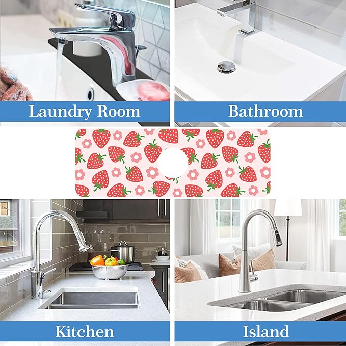 Faucet Mat for Kitchen Sink Beautiful Strawberry Flower, Soft Diatom Mud Material, Strong Water Absorption, Non-slip, Easy to Clean for Bathroom, Kitchen 15"X5.5"