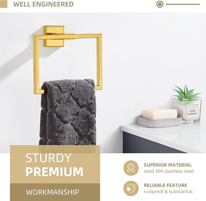 Angle Simple Hand Towel Holder Brushed Dark Gold, SUS 304 Stainless Steel Square Towel Ring for Bathroom Wall, 7.09 Inches
