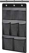 KIMBORA Mesh Shower Caddy Hanging Bathroom Organizer Storage with 2 Large Pockets 3 Rings Hang Curtain Rod for Dorm Cruise RV, Black