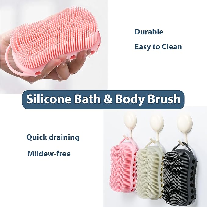 MtBoi 2PC Double-Sided Exfoliating Silicone Body Scrubber, 2-in-1 Bath Scrubber, Shampoo Brush, Silicone Loofah for All Skin Types, Shower Body Scrubber, Easy to Clean, Lather Well (Black&Gray)