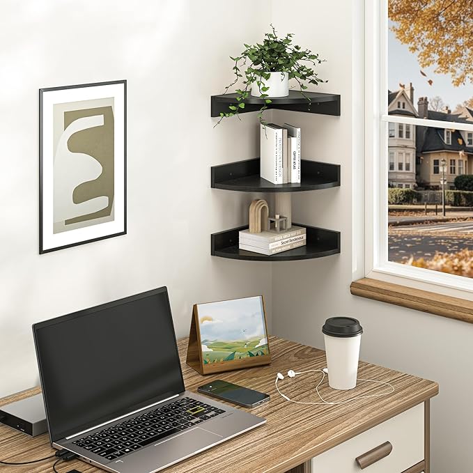 Fun Memories Corner Shelf Wall Mount, Wood Floating Corner Shelves, Corner Wall Shelf for Bedroom, Bathroom, Kitchen, Living Room (Black, 3 Pack)