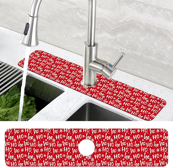 Christmas Hohoho Kitchen Sink Splash Guard Mat - Santa Claus Laugh Faucet Protector, Fast Drying Draining Mat for Kitchen and Bathroom 5.5"24"