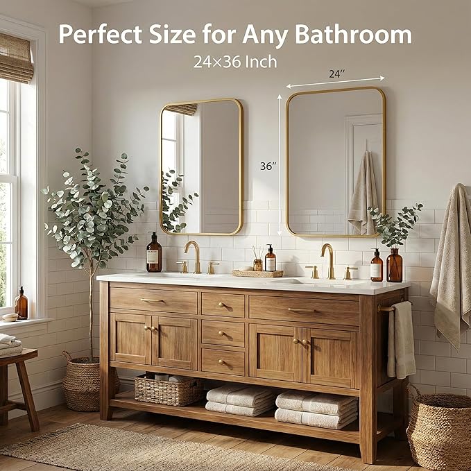 2 Pack Bathroom Mirrors for Over Sink, 24"x36" Gold Framed Vanity Mirror, Rounded Corner Rectangular Metal Mirror for Wall, Mid Century Modern Decor