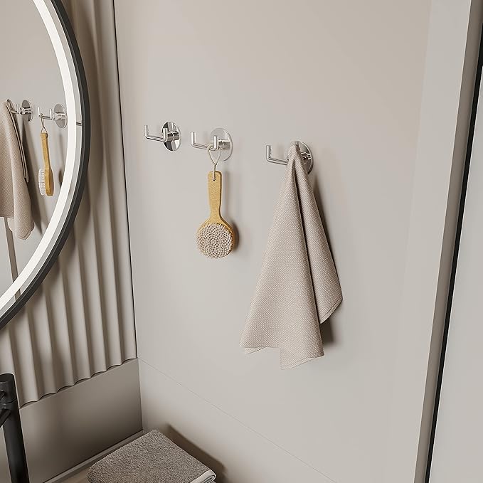 Ruacq Adhesive Double Towel Hook Chrome Round Base Bathroom Robe Self-Adhesive Towel Holder Hand Towel Hanger Stainless Steel and Zinc Alloy Modern Polished Chrome 2 Pack