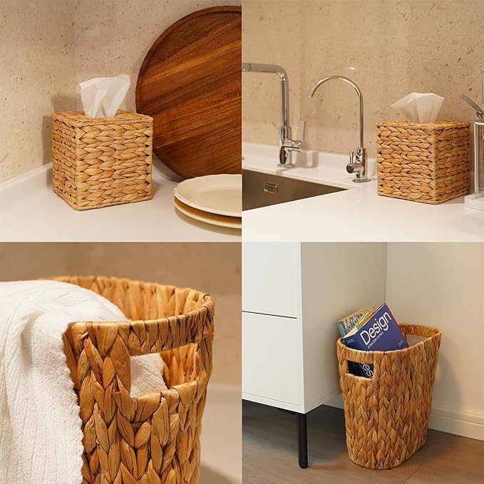 PINXIURY Water Hyacinth Tissue Box Cover, Natural Handmade Wicker Napkin Box Holder and Bathroom Wicker Trash Can, Handwoven Wicker Waste Basket with Handles for Bedroom, Kitchen, Office and Bathroom