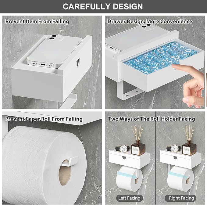 Domax Compact 7.36" Bamboo Toilet Paper Holder with Shelf and Storage Drawer - Wall Mount or Adhesive Bathroom Organizer for Tampons, Small Items, Space-Saving Design, White