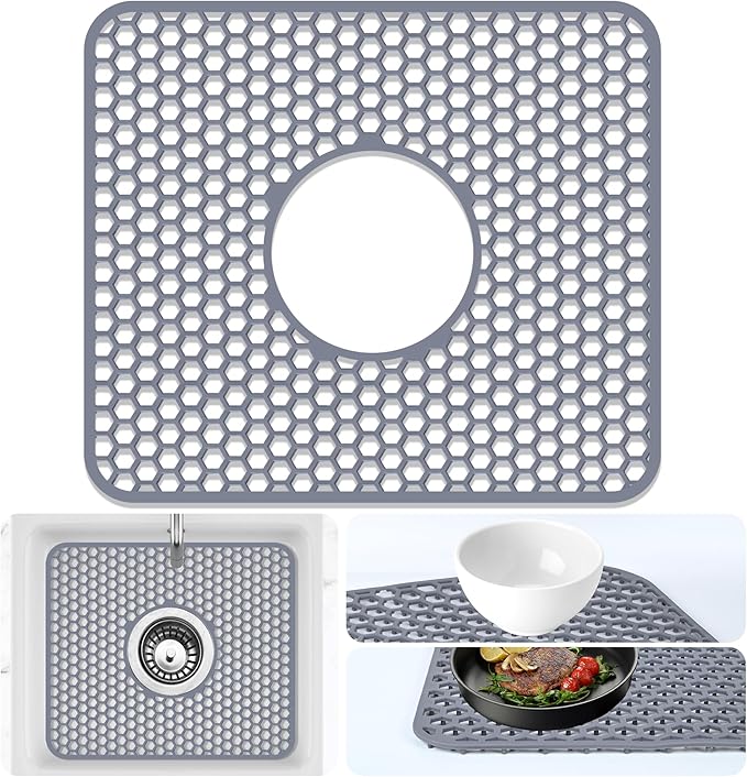 Sink Protectors Mat - 13.58"x11.6" Kitchen Sink Pad for Bottom of Basin for Protection of Stainless Steel and Tableware, Farmhouse Rubber Basin Mat Protector with Center Drain - Light Gray