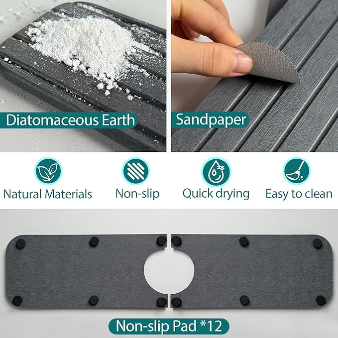 Faucet Mat for Kitchen Sink - 20 x 4inch Faucet Splash Guard for Bathroom Counter, Absorbent Diatomite Mat, Fast Drying Stone Sink Tray, Prevents Moisture Buildup, Dark Gray