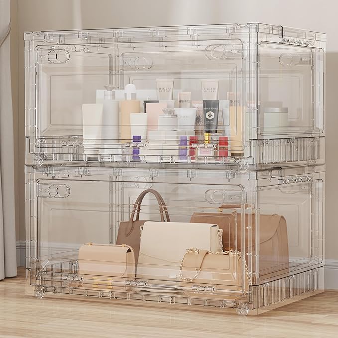 BROVIEW 160Qt Stackable Storage Bins with Lids Wheels, XL Clear Plastic Drawers Foldable Closet Organizers and Storage Cabinet Display Box Shelves with Front & Back Doors, for Home Office Garage,2Pack