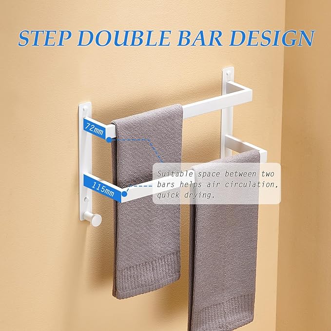 16 Inch Double Towel Bar for Bathroom with Hooks SUS 304 Stainless Steel Bath Towel Rack Wall Mounted White Finished