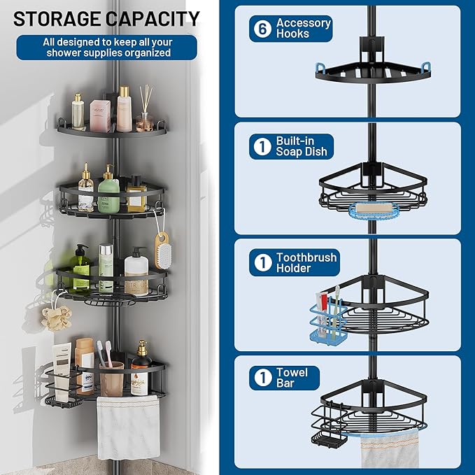 Corner Shower Caddy Tension Pole, 4 Tier Adjustable No Drill Rustproof Large Capacity Space-Saving Shower Shelves Organizer Storage Rack 45.29-119in for Bathroom Bathtub Family Renters, Black