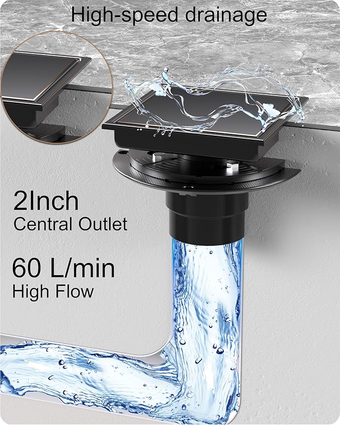 6 Inch Square Shower Drain with Flange Reversible 2-in-1 Cover Tile Insert Grate SUS 304 Stainless Steel, Hair Catcher, Anti-Clog, Rust-Resistant, Fast Drainage (Oil Rubbed Bronze)
